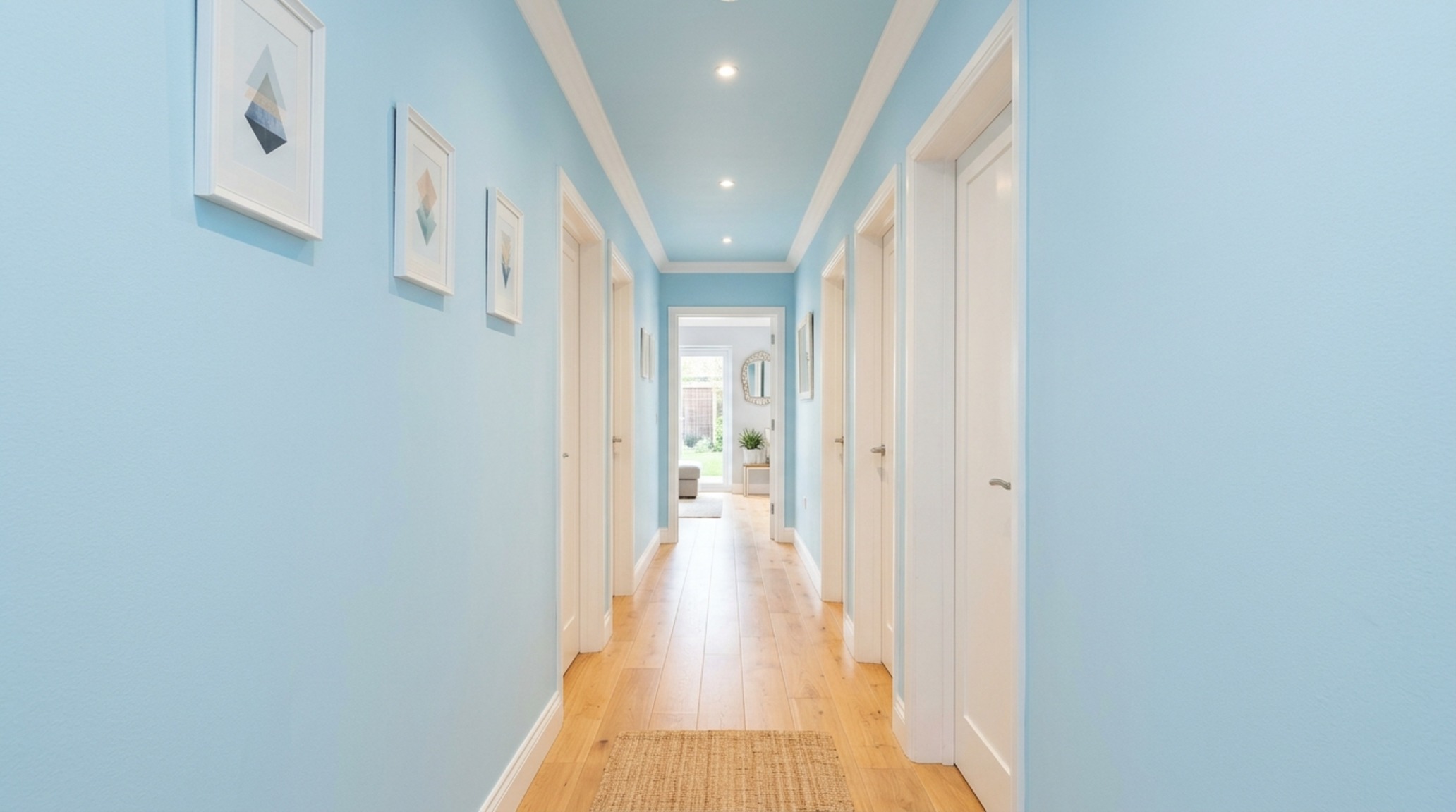best colors for relaxation in small apartments demonstrating how pale cerulean blue recedes to create a sense of infinite boundary in a hallway