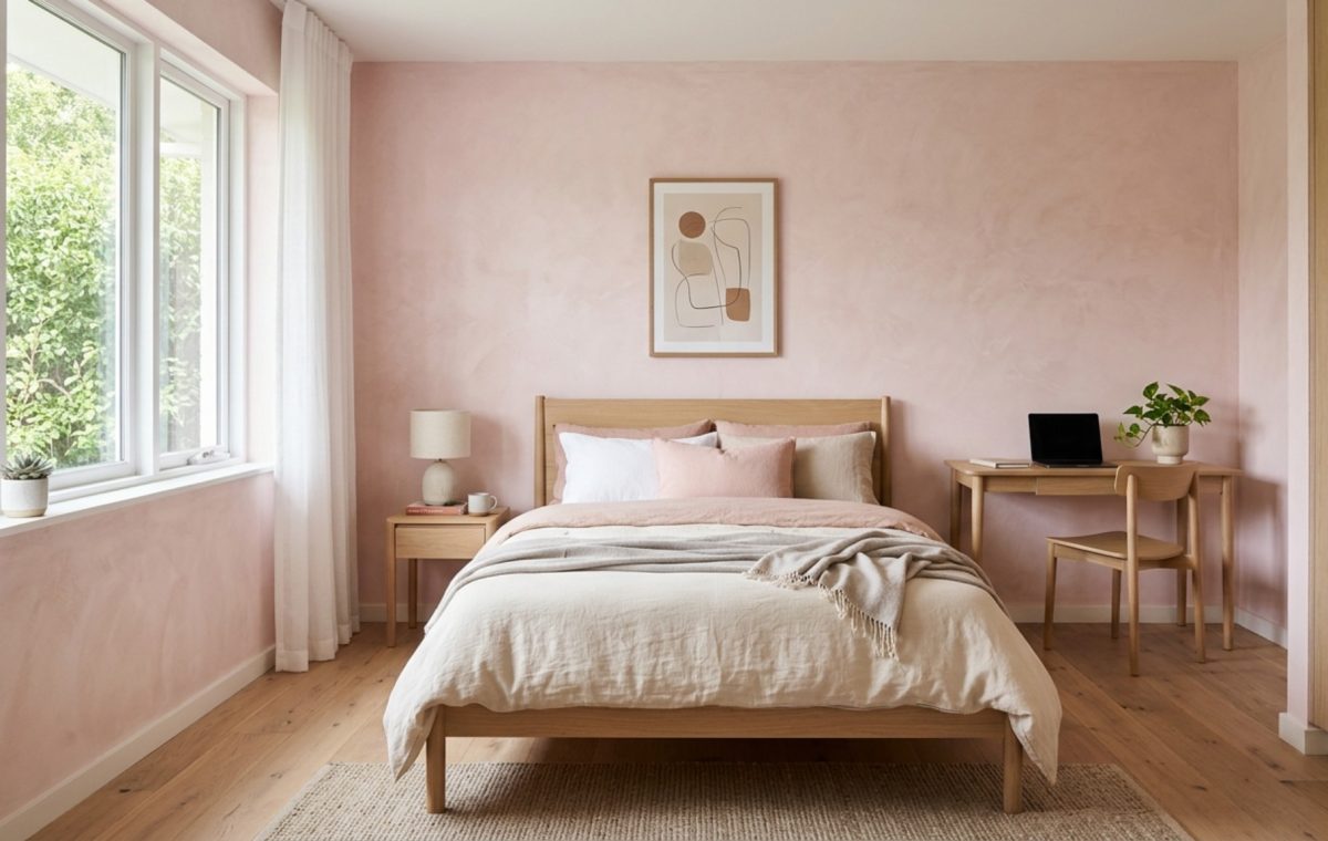 Transitional bedroom paint colors featuring Farrow & Ball Setting Plaster on lime-washed walls with minimalist white oak furniture and a 36-inch clearance walkway.