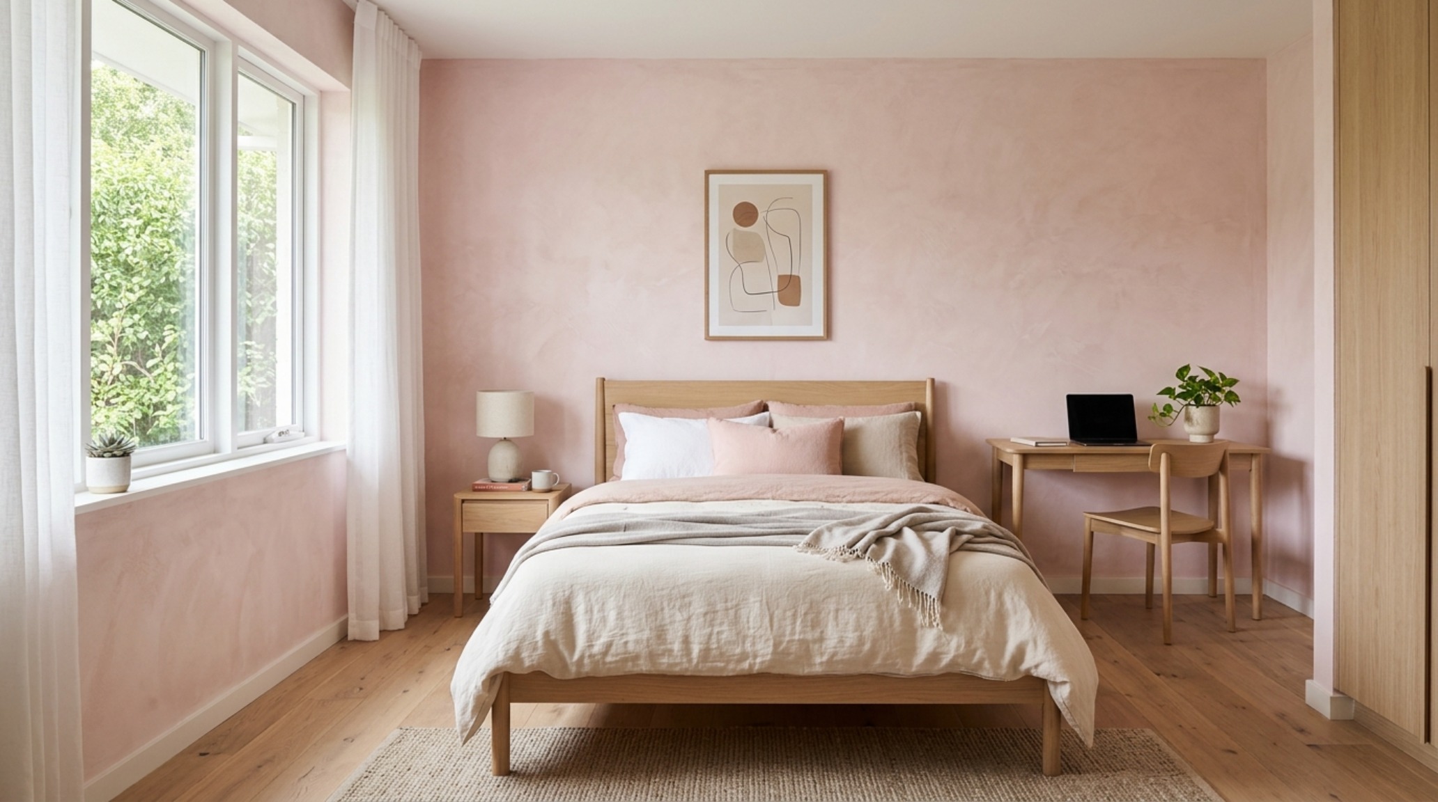 Transitional bedroom paint colors featuring Farrow & Ball Setting Plaster on lime-washed walls with minimalist white oak furniture and a 36-inch clearance walkway. Transitional bedroom paint colors featuring Farrow & Ball Setting Plaster on lime-washed walls with minimalist white oak furniture and a 36-inch clearance walkway.