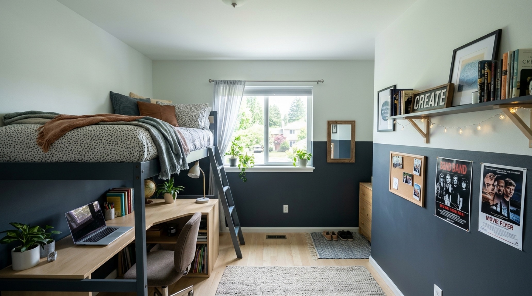 Small bedroom paint tricks for teens illustrating a horizontal datum line at 30 inches height to ground the space while maintaining a sense of verticality. Small bedroom paint tricks for teens illustrating a horizontal datum line at 30 inches height to ground the space while maintaining a sense of verticality.