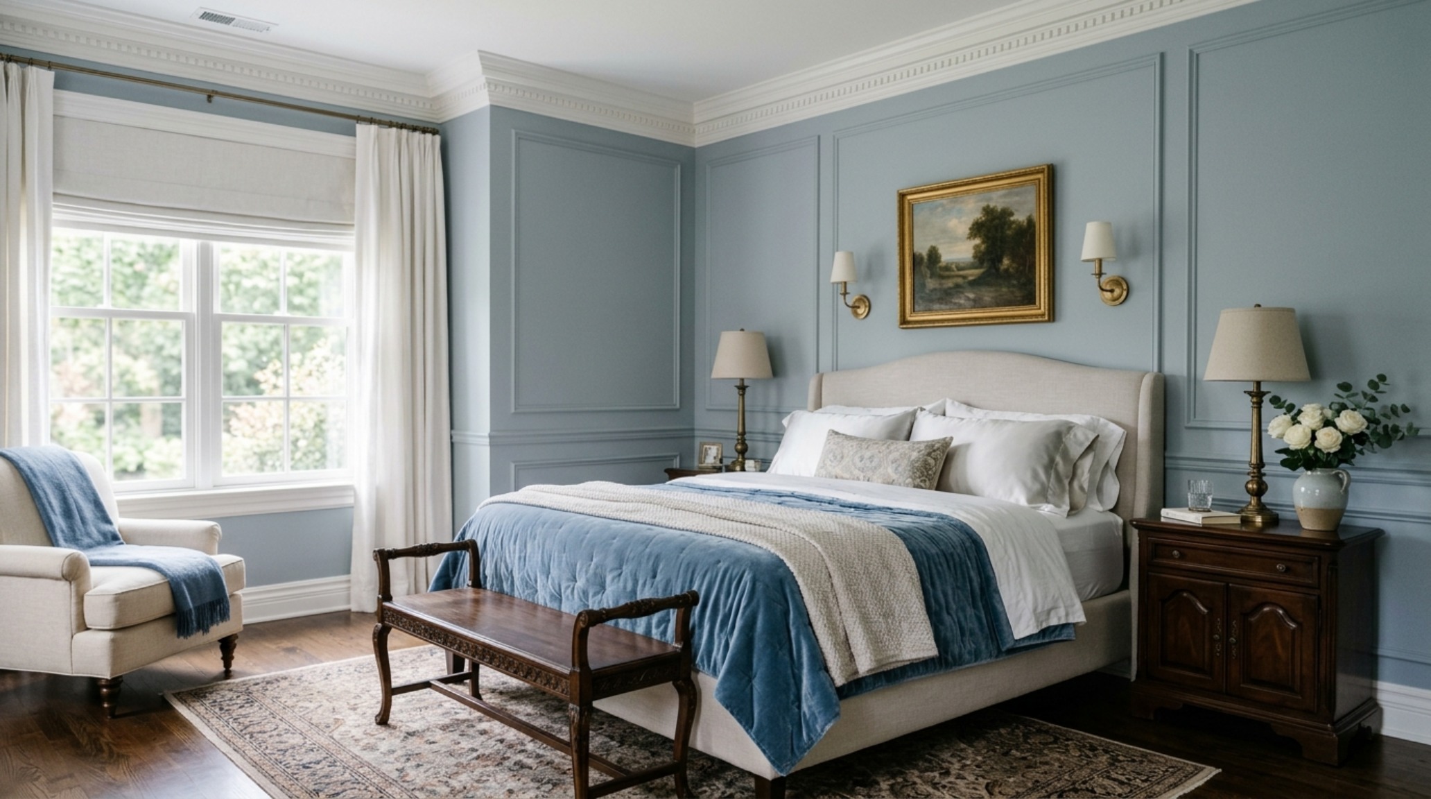 Transitional bedroom paint colors in a soft French blue with crown molding and traditional architectural details for a lasting design aesthetic. Transitional bedroom paint colors in a soft French blue with crown molding and traditional architectural details for a lasting design aesthetic.