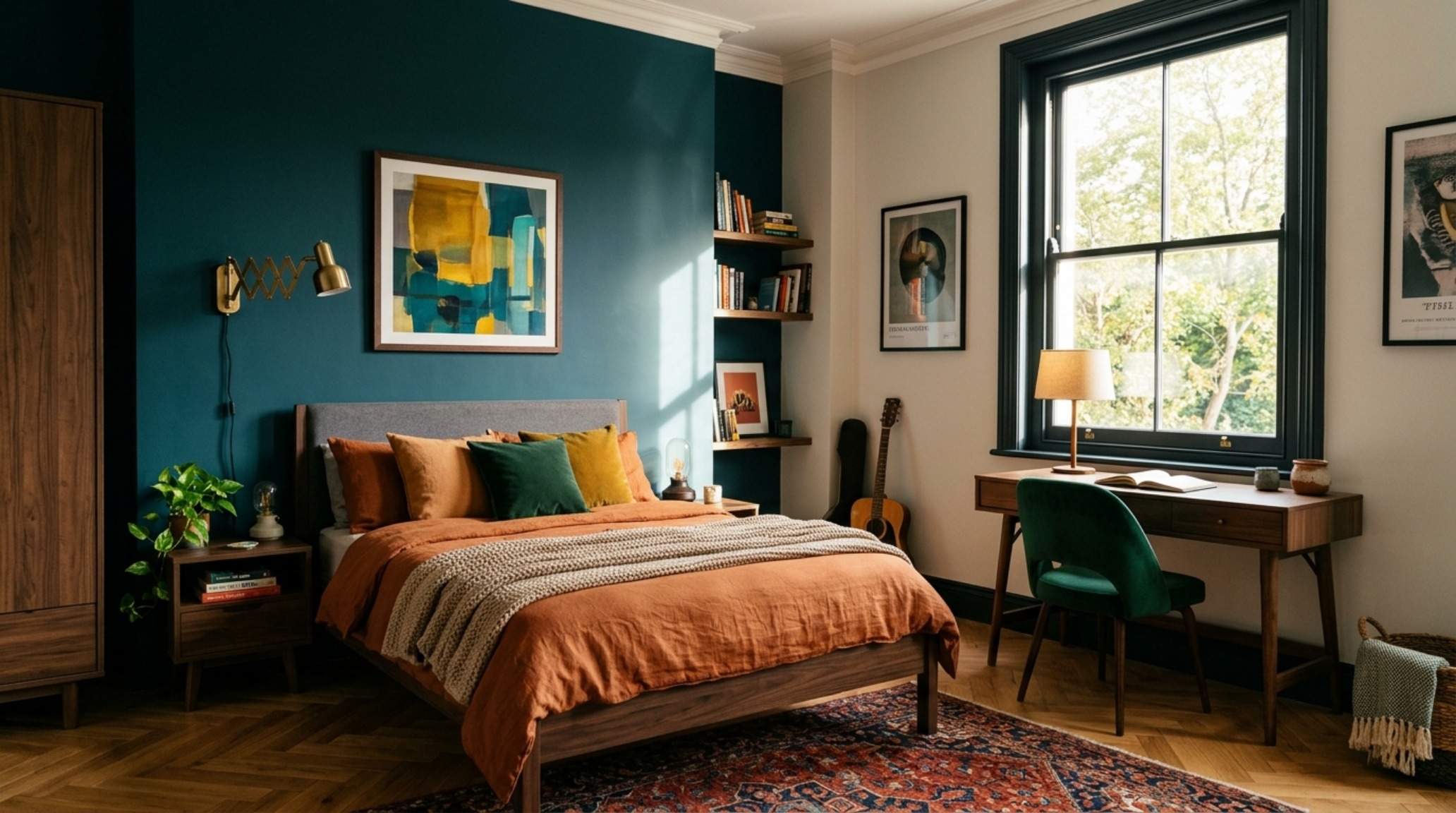 Sophisticated bedroom colors for teens showcased in a matte slate teal accent wall paired with 2700K warm ambient lighting and velvet upholstery. Sophisticated bedroom colors for teens showcased in a matte slate teal accent wall paired with 2700K warm ambient lighting and velvet upholstery.