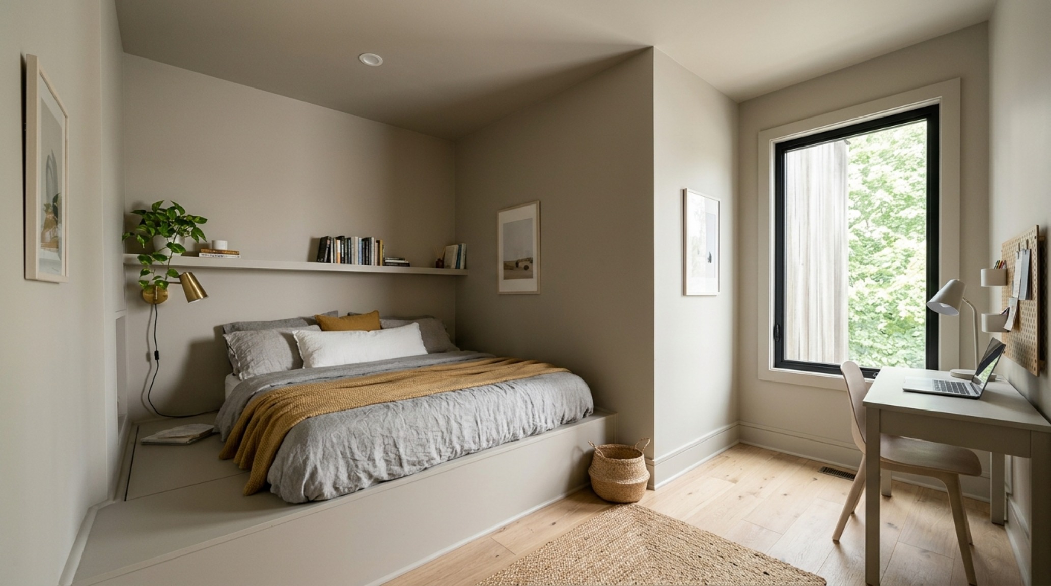 Small bedroom paint tricks for teens using a monochromatic color drenching technique in a soft greige with a 30-inch deep floating desk and mirrored accents. Small bedroom paint tricks for teens using a monochromatic color drenching technique in a soft greige with a 30-inch deep floating desk and mirrored accents.