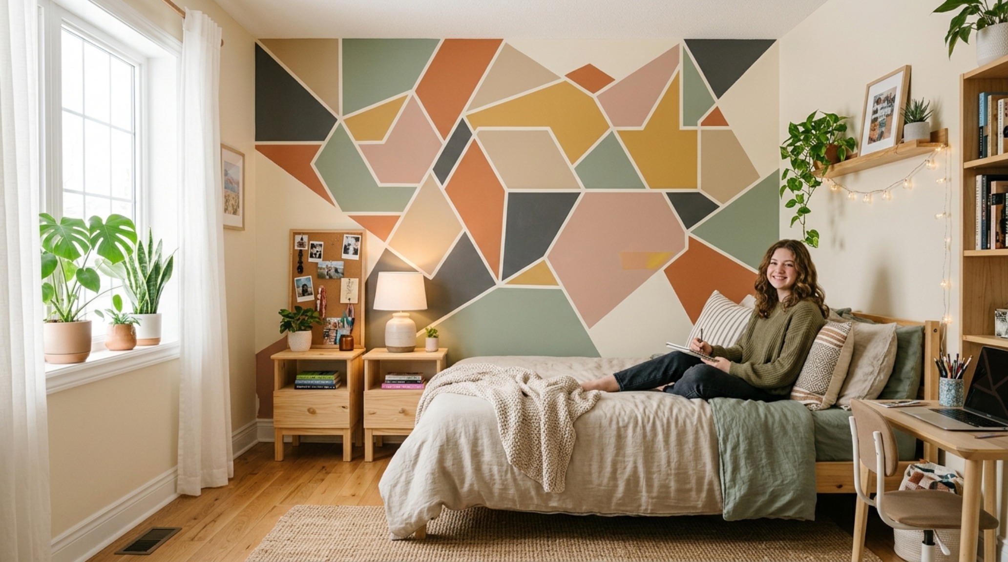 Teenage girl paint bedroom ideas showing a geometric color-block headboard wall in terracotta and blush with 18-inch reach nightstands. Teenage girl paint bedroom ideas showing a geometric color-block headboard wall in terracotta and blush with 18-inch reach nightstands.