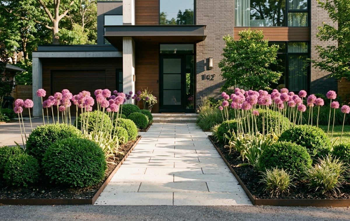 front yard flower bed layouts featuring structured limestone paths and a mix of Salvia and Alliums bordering a modern facade.