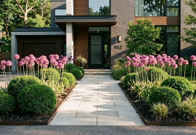 front yard flower bed layouts featuring structured limestone paths and a mix of Salvia and Alliums bordering a modern facade.