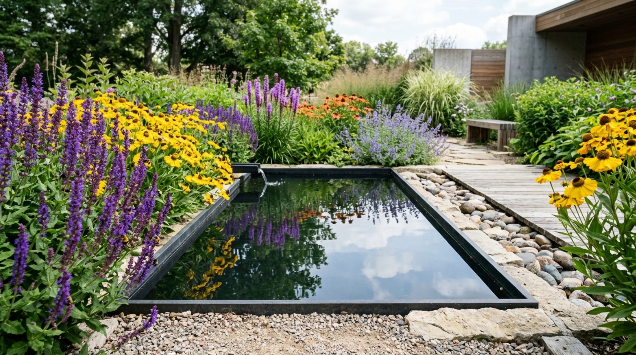 pollinator-friendly floral landscaping integrated into a contemporary poolside setting with 30-inch clearance for lounge seating.