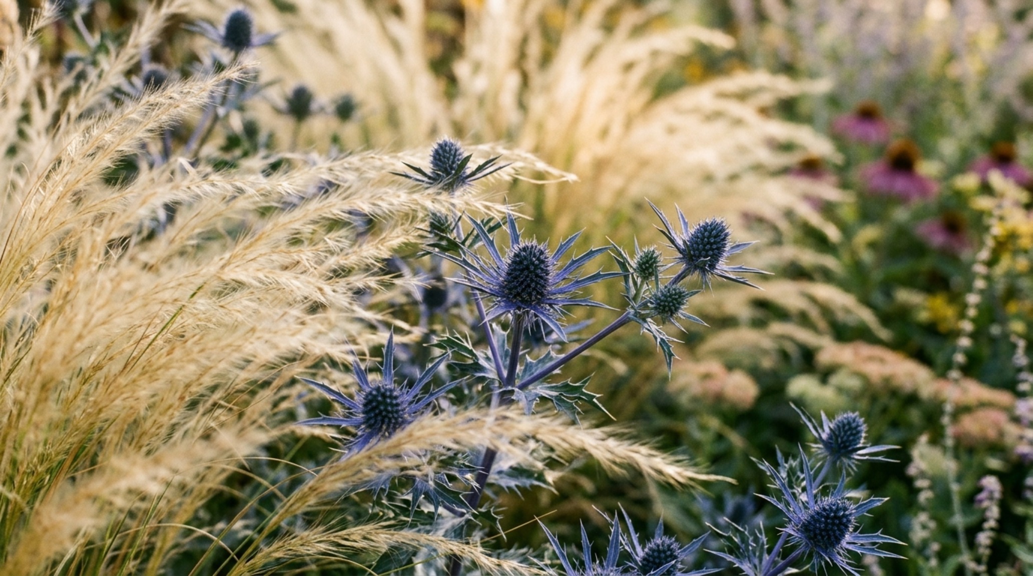 low-maintenance perennial flower gardens utilizing a matrix of ornamental grasses and purple Coneflowers for a textured, naturalistic look.
