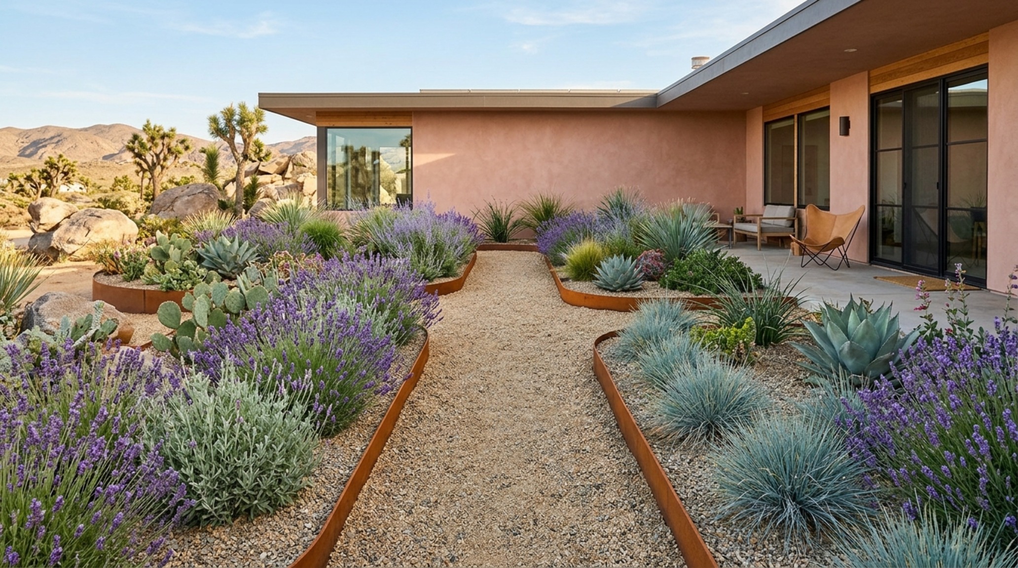 drought-tolerant flower garden ideas incorporating gravel mulch, weathered steel edging, and structural Agave and Lavender plants.
