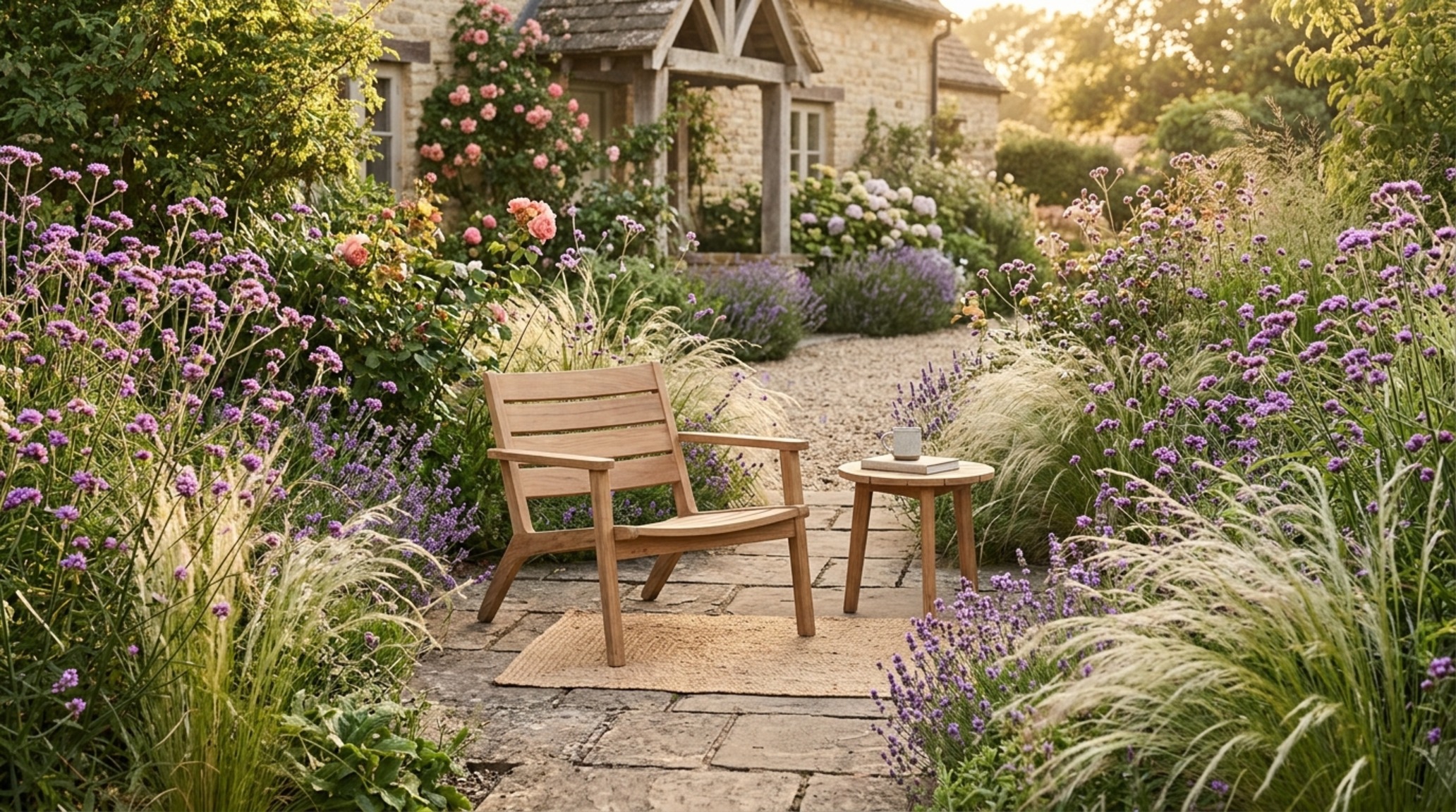 modern cottage garden aesthetics redefined with a minimalist 36-inch gravel path and repeating drifts of soft-textured ornamental grasses.