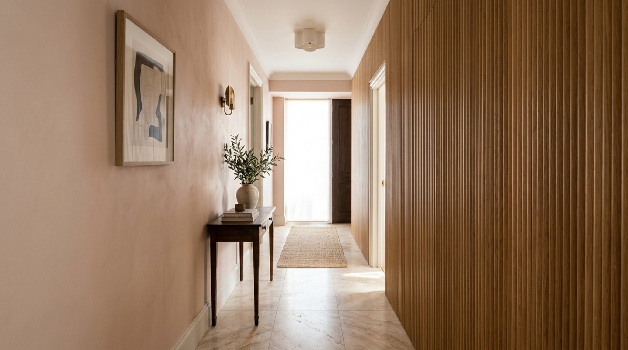 High-end architectural perspective of narrow entryway ideas featuring soft lime-washed walls and custom fluted oak cabinetry.