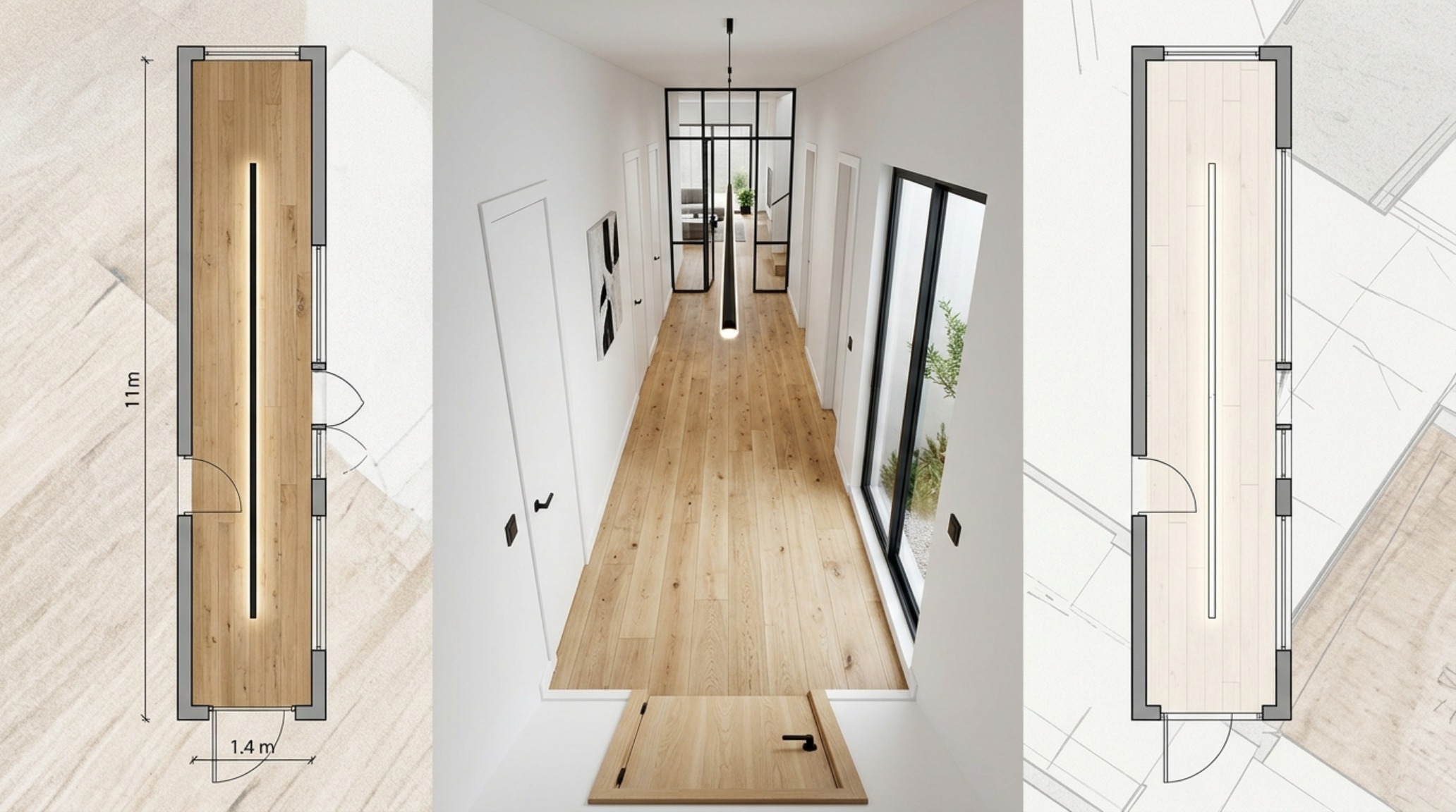 Luxurious narrow entryway layout with wide-plank European oak floors and a high-CRI art lighting system.