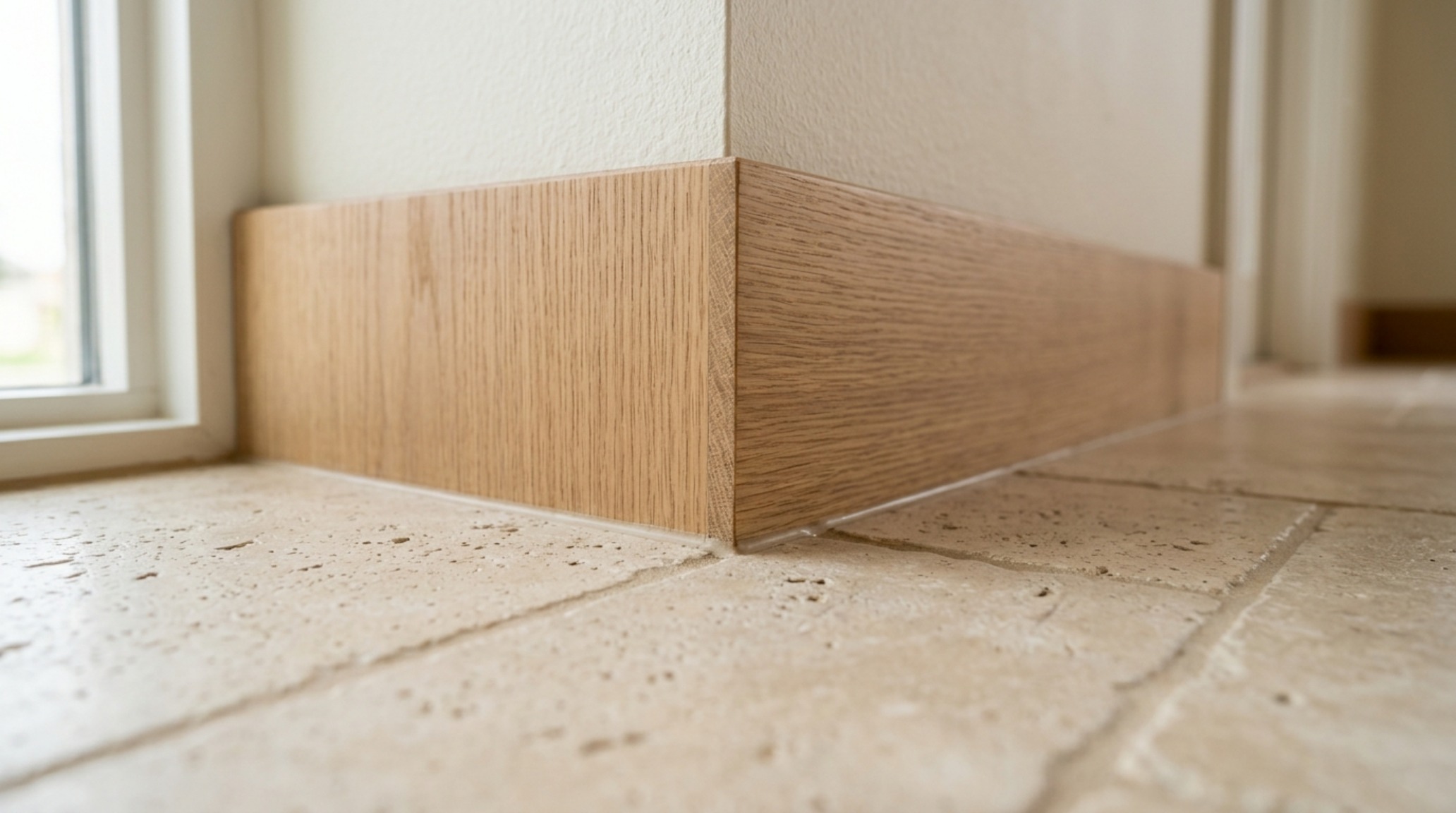 Detail shot of honed travertine flooring meeting a white oak baseboard in a narrow hallway with directional natural light.