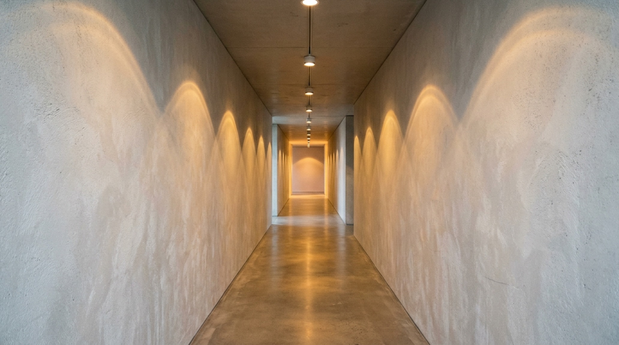 Soft-focus view of a 2700K warm LED wall washer highlighting the tactile texture of Venetian plaster in a modern foyer.
