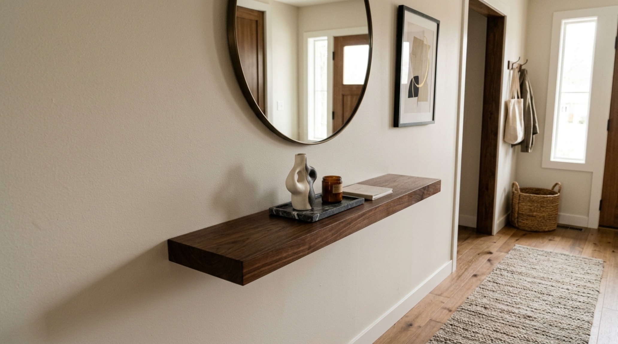 Sleek minimalist floating console table in a narrow entryway, styled with a single ceramic vessel and aged brass accents.
