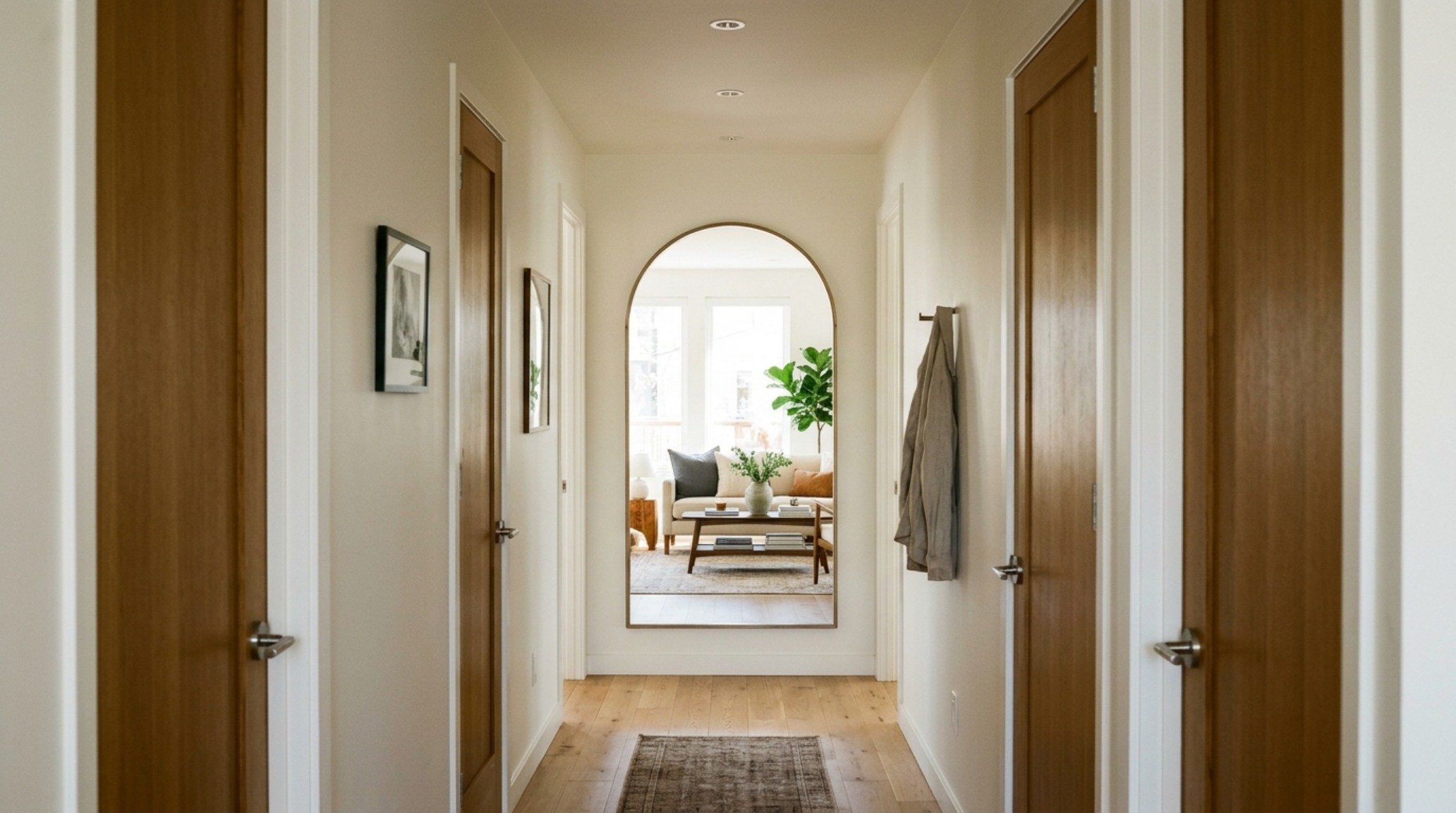 Deep sightline view of a narrow hallway terminating in a large-scale mirror to expand spatial perception.