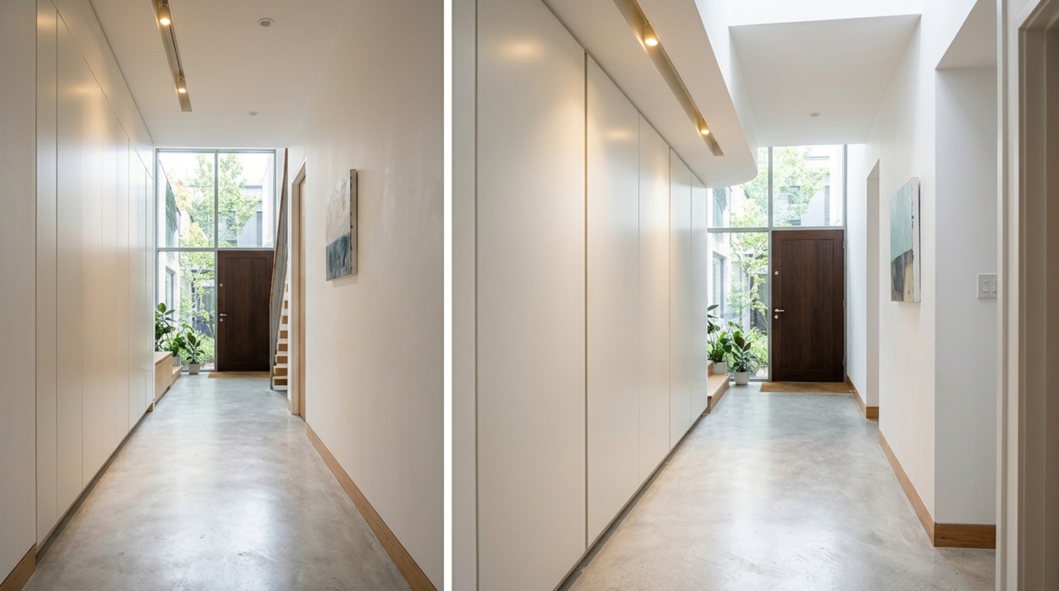 Modern narrow entryway ideas showcasing integrated handleless storage painted in Benjamin Moore Swiss Coffee.