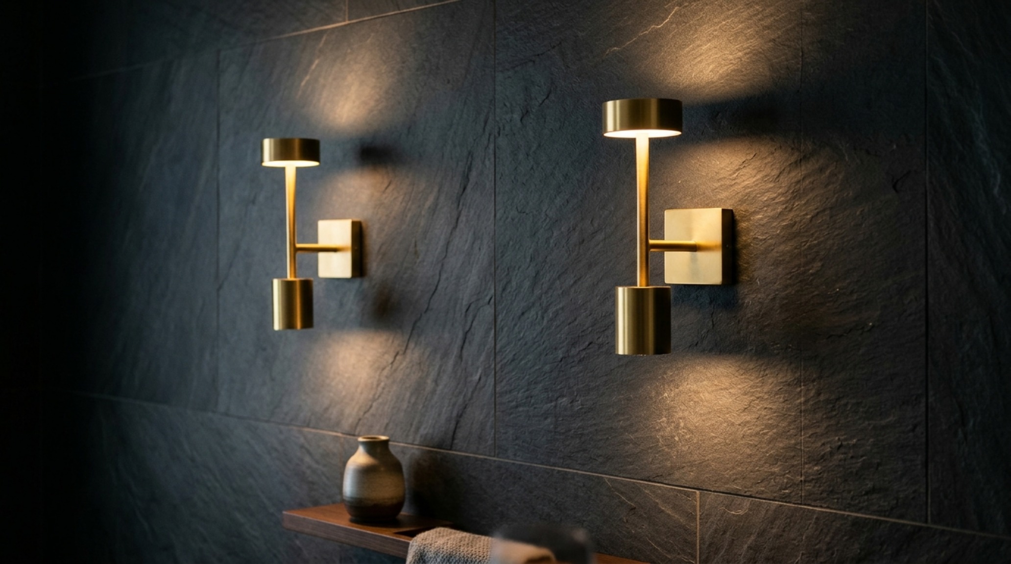 Close-up of aged brass sconces mounted at 60 inches height on a charcoal accent wall for atmospheric hallway lighting.