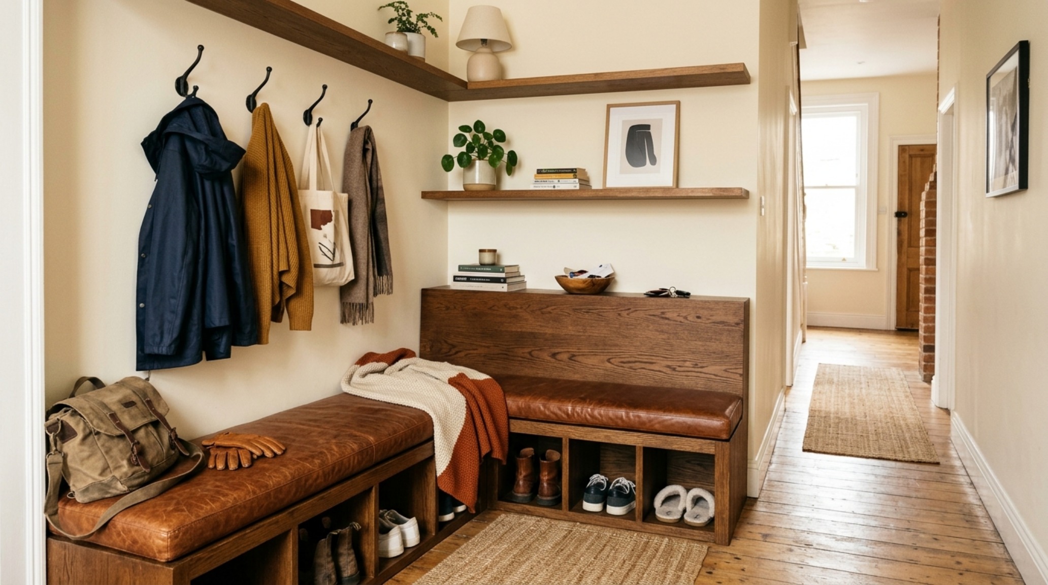 A custom-built 12-inch depth cantilevered bench in a narrow foyer, optimizing ergonomics and spatial flow.