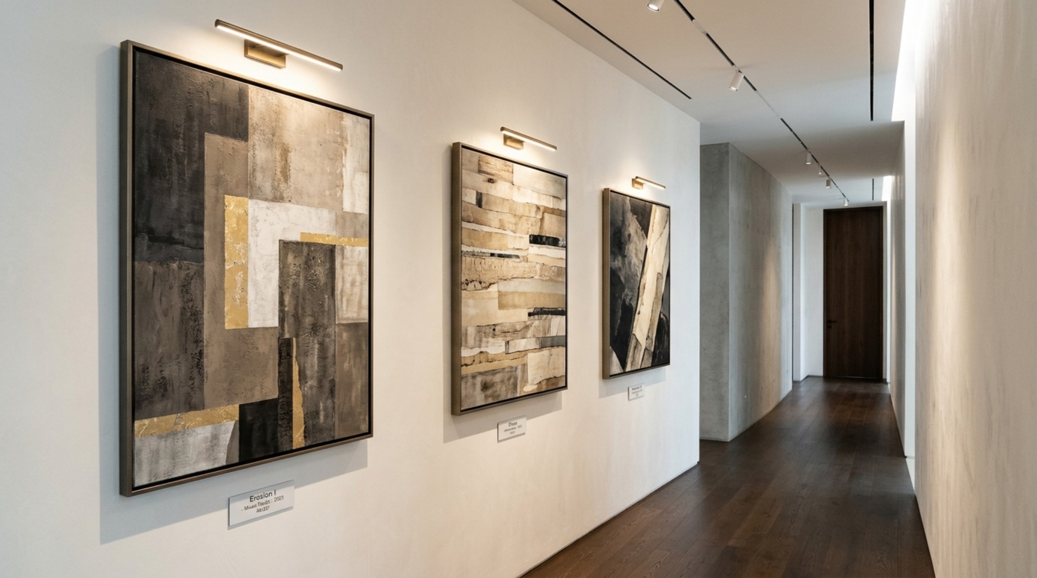 Architectural play of light and shadow on a corridor wall featuring Color Hallways 1108 inspired neutral tones.
