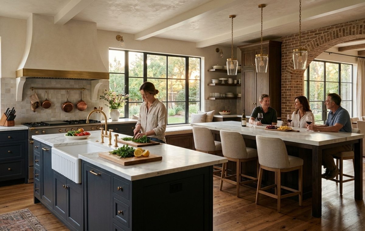 dual island kitchen floor plans featuring a professional prep island and a separate social seating area with white oak accents and marble surfaces