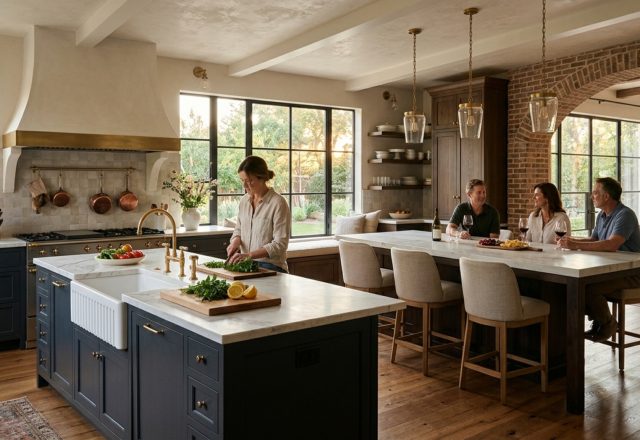 dual island kitchen floor plans featuring a professional prep island and a separate social seating area with white oak accents and marble surfaces