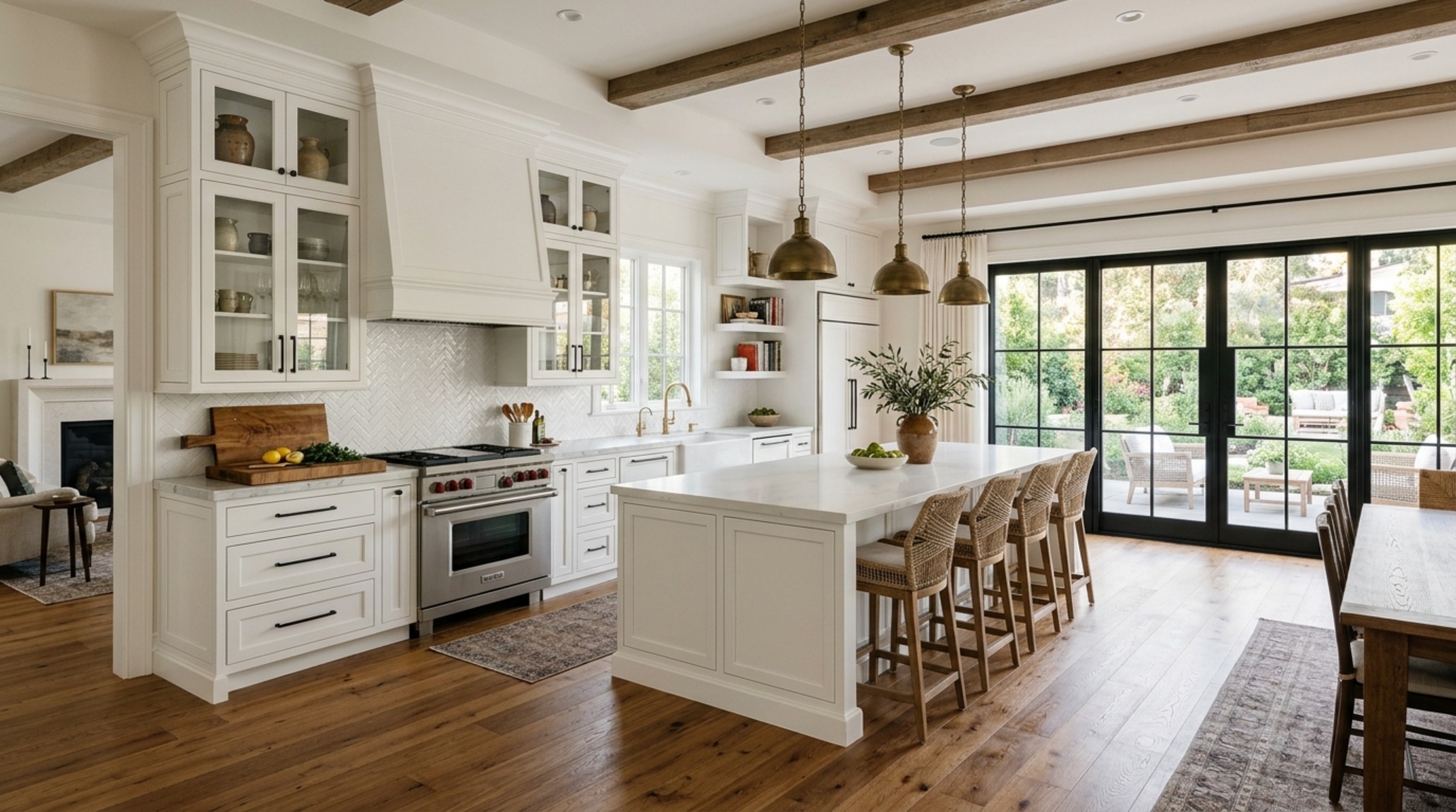 transitional style kitchen architecture showcasing Shaker cabinetry in Benjamin Moore Swiss Coffee with a clean, rhythmic floor plan transitional style kitchen architecture showcasing Shaker cabinetry in Benjamin Moore Swiss Coffee with a clean, rhythmic floor plan