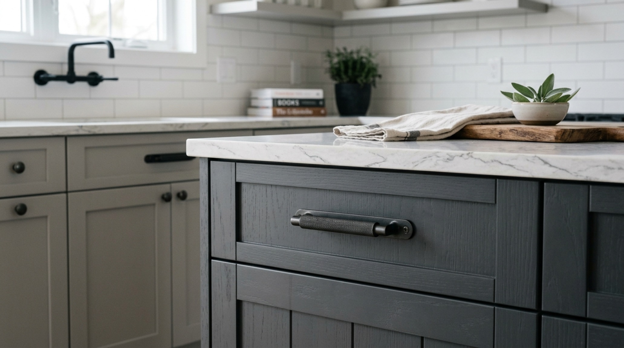 gray kitchen cabinetry trends featuring Chelsea Gray island panels against a white perimeter with integrated LED task lighting gray kitchen cabinetry trends featuring Chelsea Gray island panels against a white perimeter with integrated LED task lighting