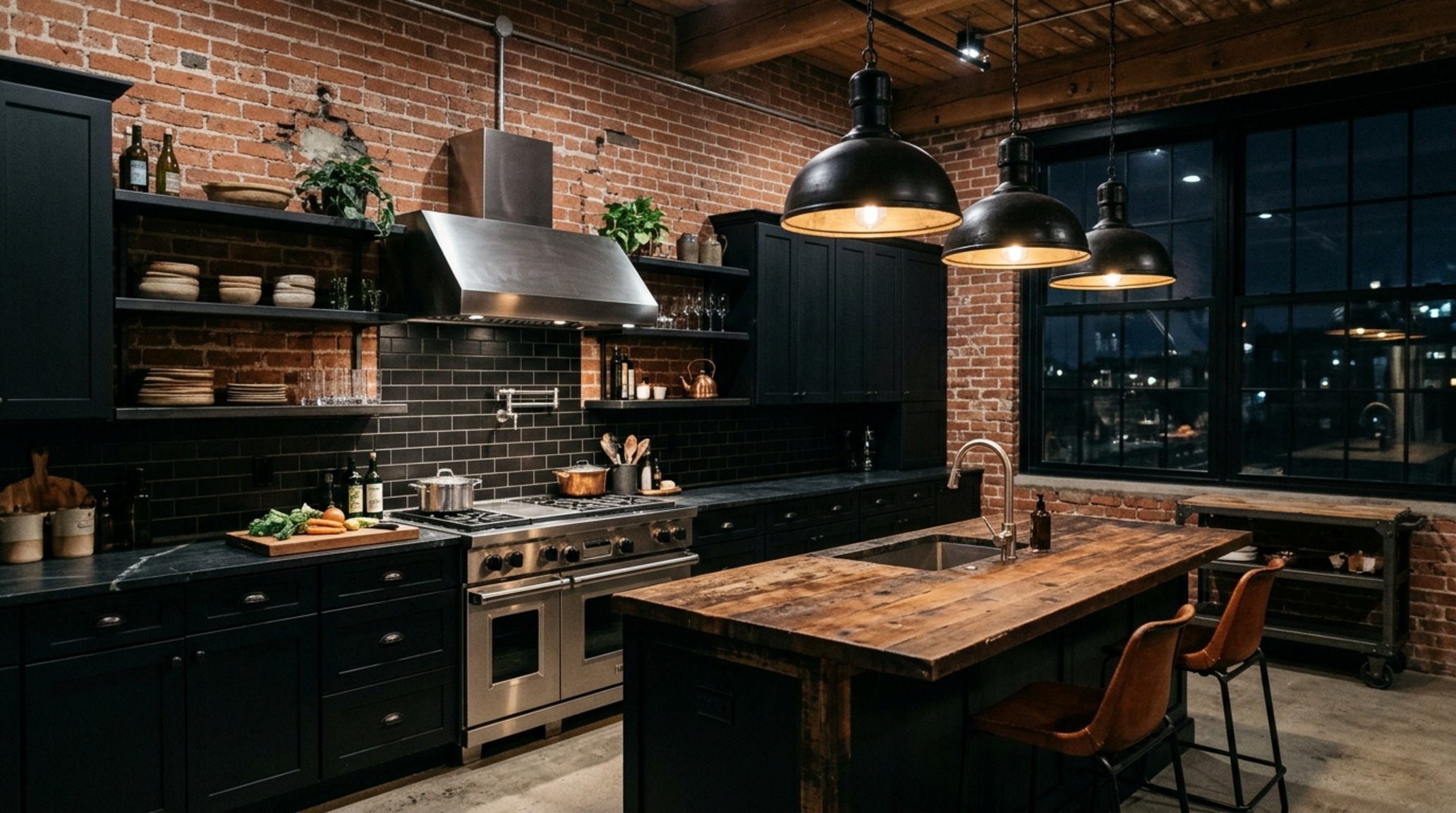 industrial chic kitchen design with exposed brick walls, blackened steel pendant lights, and professional-grade stainless steel appliances industrial chic kitchen design with exposed brick walls, blackened steel pendant lights, and professional-grade stainless steel appliances
