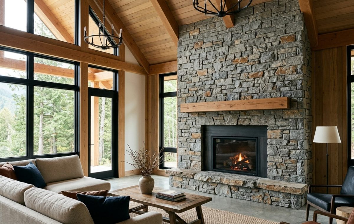 Floor to ceiling stone fireplace layout in a double-height living room featuring grey ledgestone and a floating oak mantel with integrated lighting.