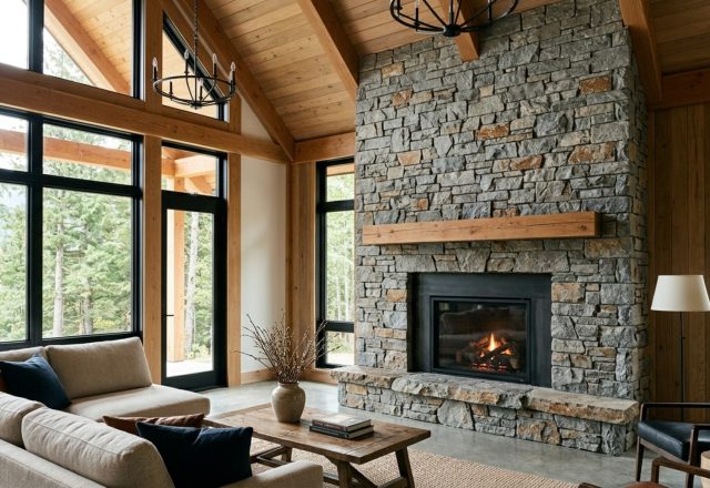 Floor to ceiling stone fireplace layout in a double-height living room featuring grey ledgestone and a floating oak mantel with integrated lighting.