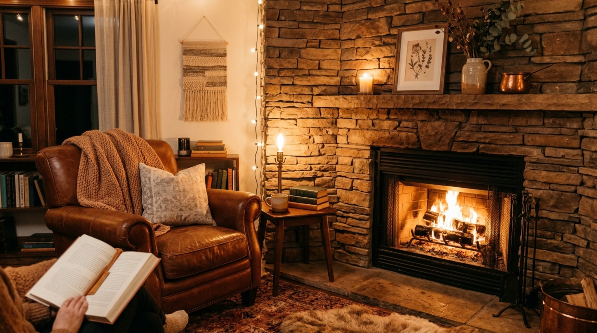 Stacked stone corner fireplace ideas featuring a warm sunset glow over multi-tonal slate with a recessed ceiling spotlight.