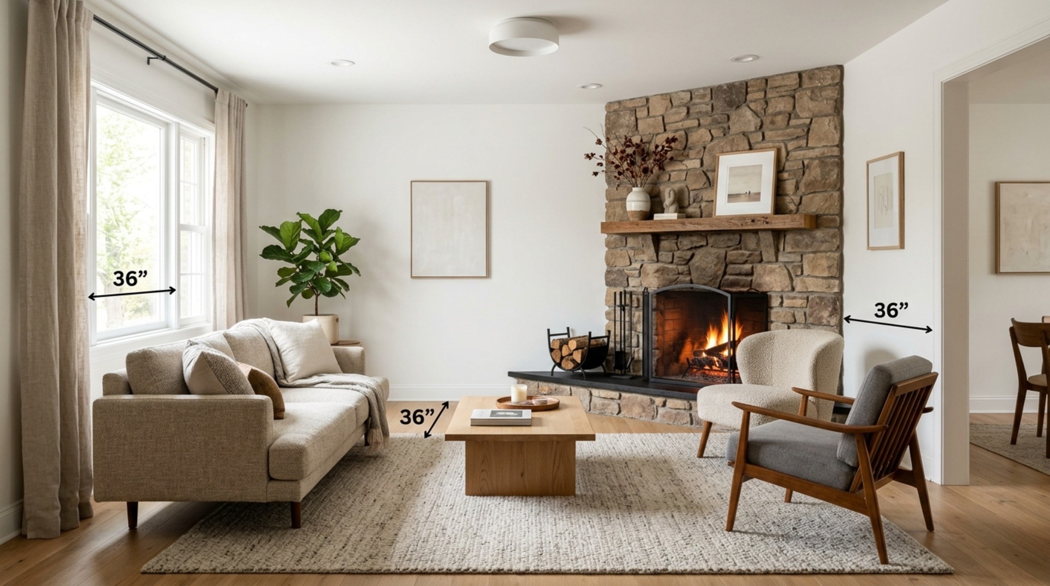 Small living room corner fireplace furniture placement showing a cream linen sofa angled 45 degrees towards a fieldstone hearth with 36-inch clearances.
