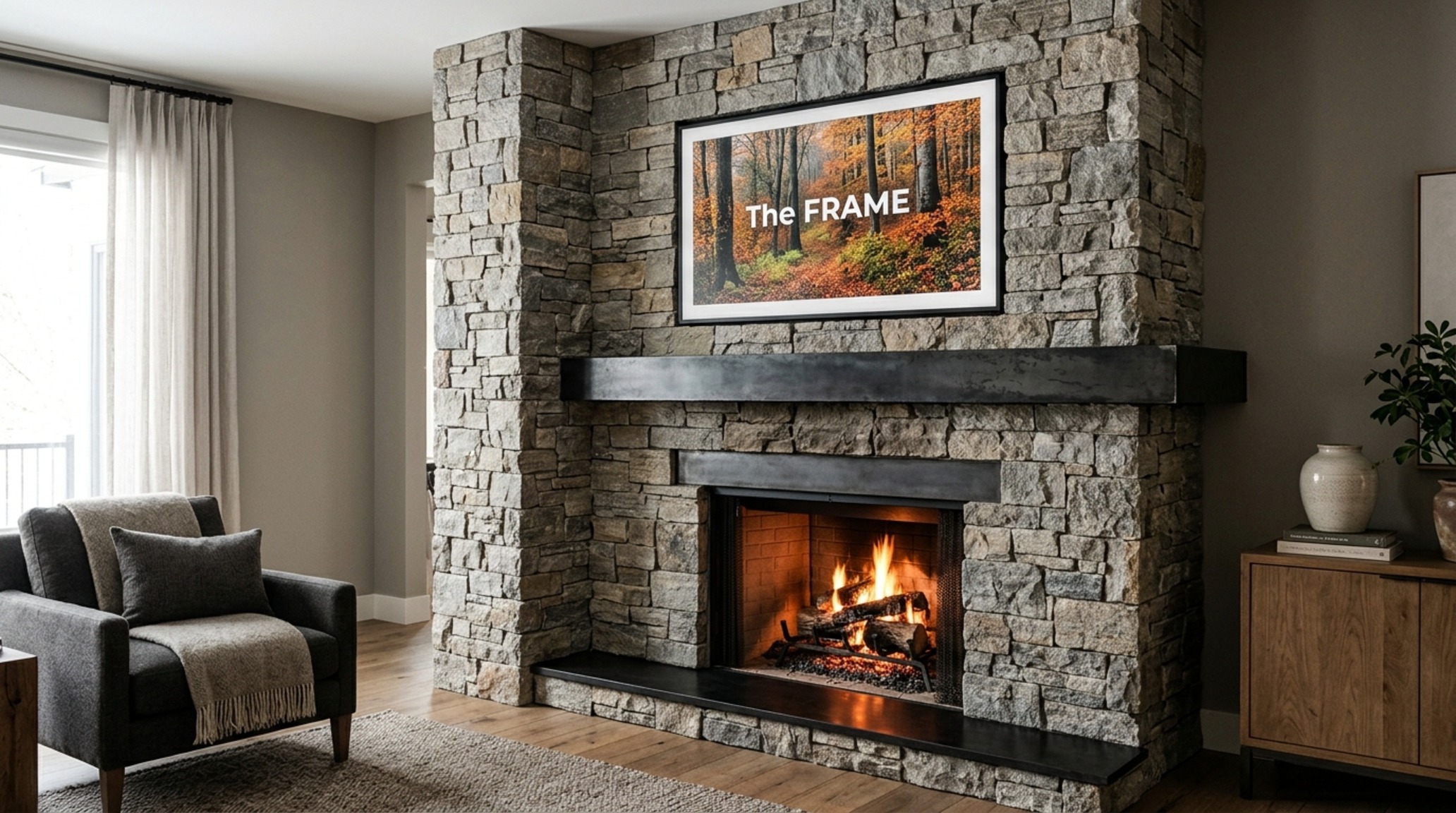 Corner stone fireplace with tv above featuring a recessed mount in a slate surround and a blackened steel heat shield for ergonomic viewing.
