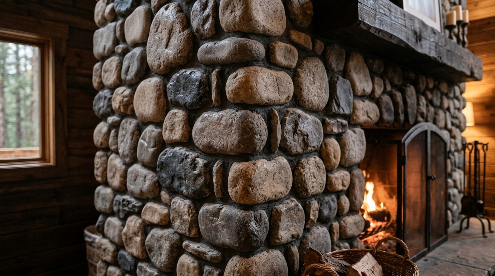 River rock corner fireplace surround with smooth water-worn stones in a coastal living room with 2700K warm ambient lighting.