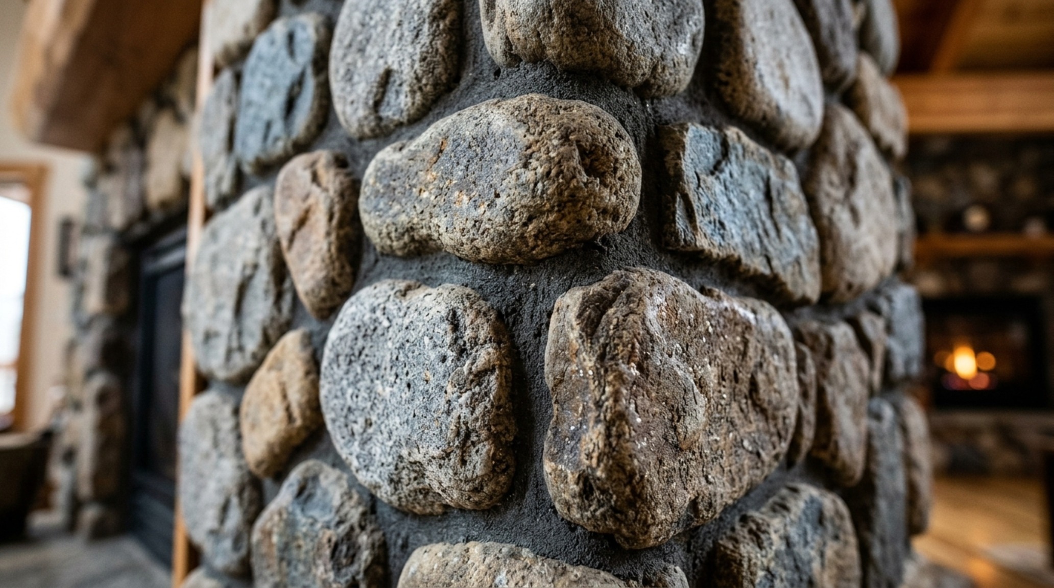River rock corner fireplace surround detail showing tight mortar joints and natural earth tones in a mountain-modern home.