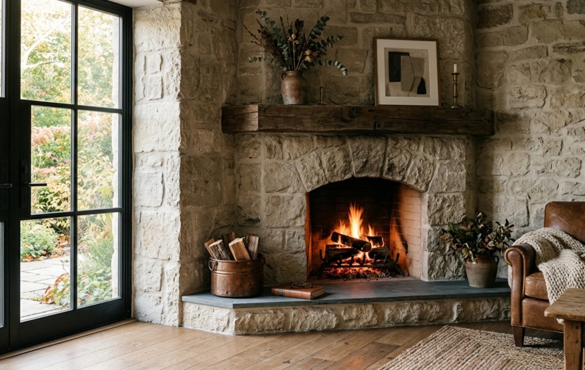Luxury corner stone fireplace textures featuring hand-hewn silver travertine with an over-grout mortar finish and subtle grazing light from above.