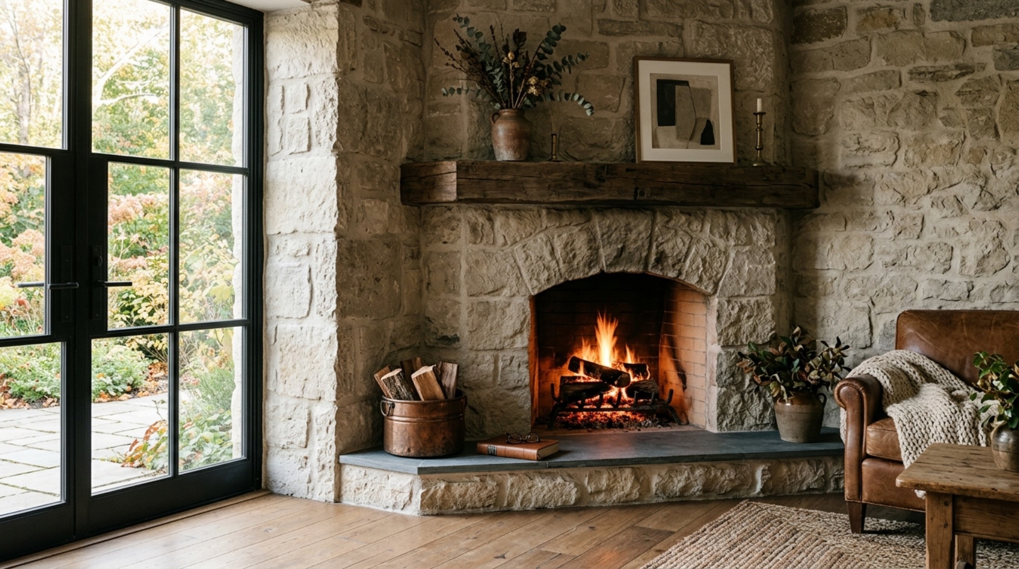 Luxury corner stone fireplace textures featuring hand-hewn silver travertine with an over-grout mortar finish and subtle grazing light from above. Luxury corner stone fireplace textures featuring hand-hewn silver travertine with an over-grout mortar finish and subtle grazing light from above.