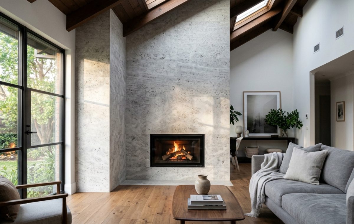 floor-to-ceiling stone fireplace veneer crafted from honed silver travertine in a modern vaulted living room with 35mm lens clarity