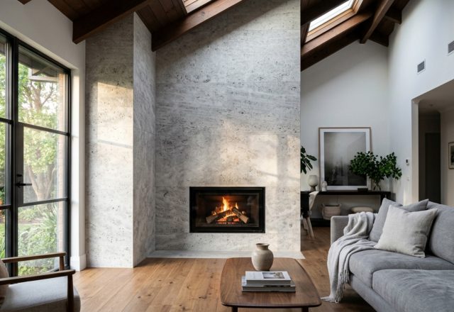 floor-to-ceiling stone fireplace veneer crafted from honed silver travertine in a modern vaulted living room with 35mm lens clarity