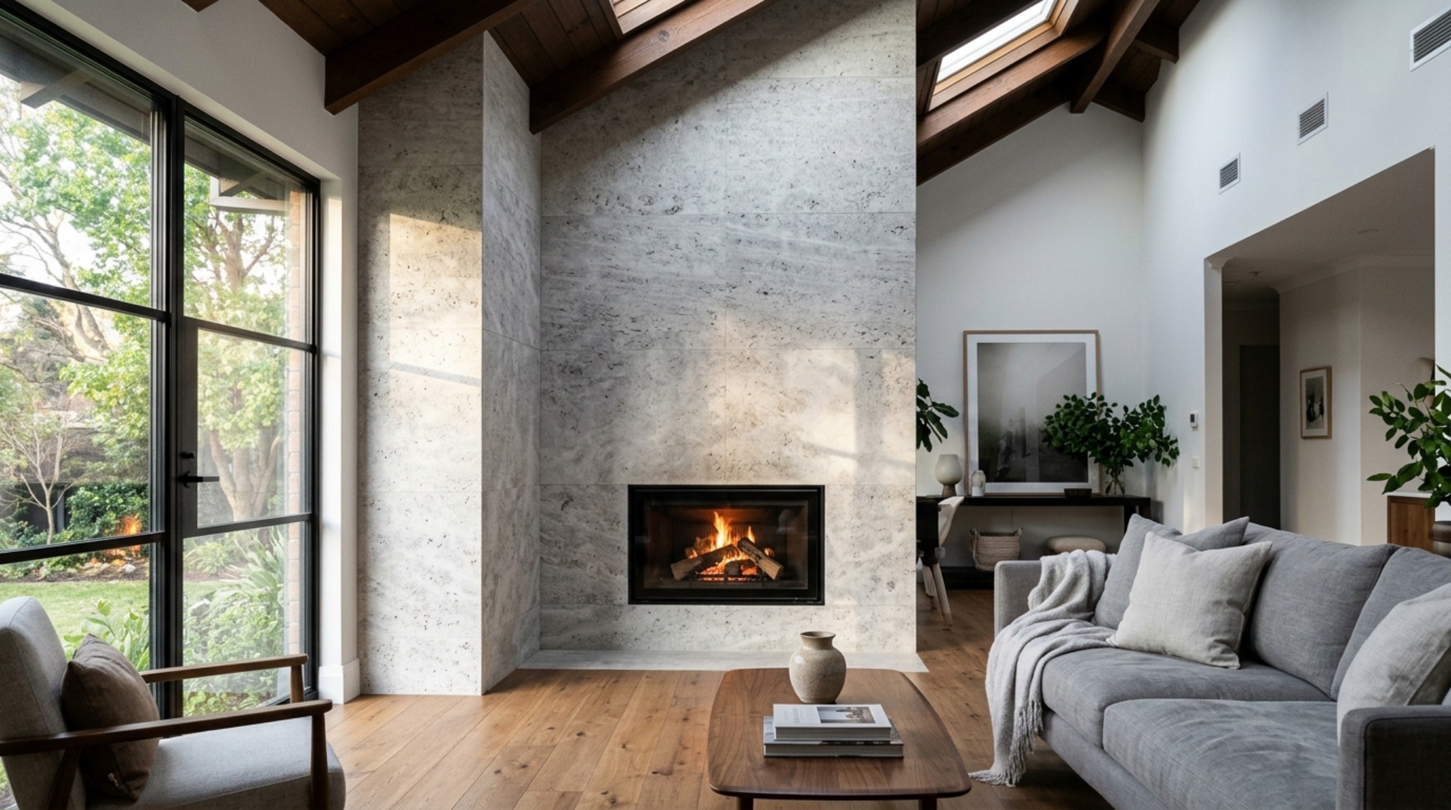 floor-to-ceiling stone fireplace veneer crafted from honed silver travertine in a modern vaulted living room with 35mm lens clarity floor-to-ceiling stone fireplace veneer crafted from honed silver travertine in a modern vaulted living room with 35mm lens clarity