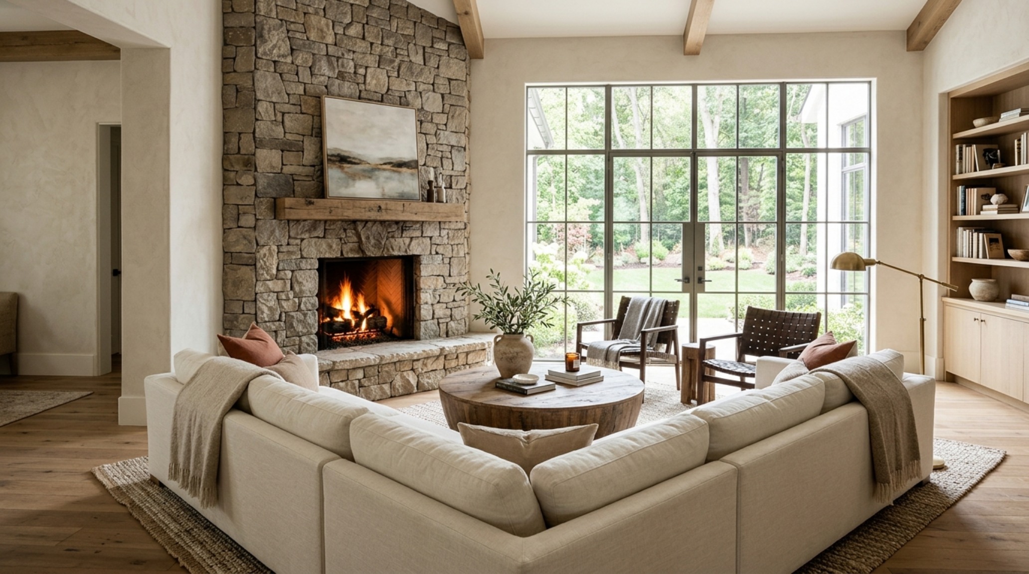 diagonal living room layout ideas featuring low-profile linen sofas oriented toward a monolithic corner hearth with 36-inch clearances diagonal living room layout ideas featuring low-profile linen sofas oriented toward a monolithic corner hearth with 36-inch clearances