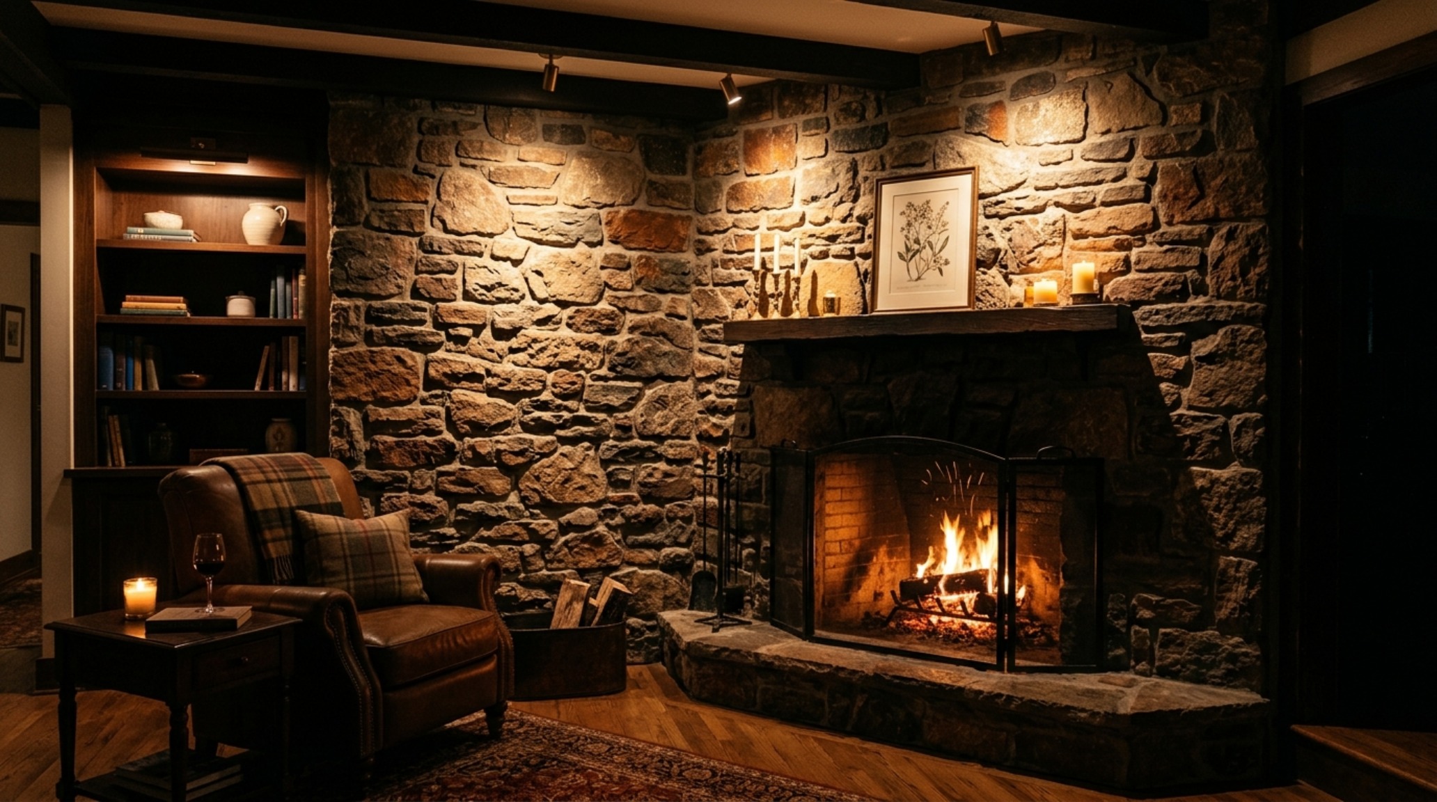 Corner stone fireplace lighting guide demonstrating 2700K warm ambient spotlights grazing a textured limestone surface to highlight mineral variegation. Corner stone fireplace lighting guide demonstrating 2700K warm ambient spotlights grazing a textured limestone surface to highlight mineral variegation.