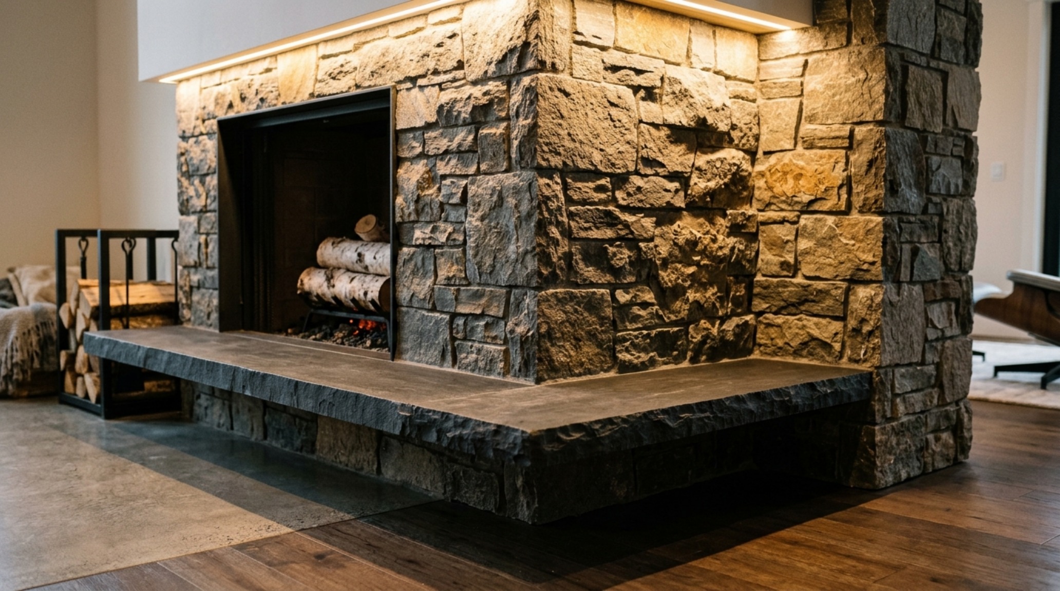 corner hearth masonry design showing a cantilevered floating stone ledge with integrated warm LED grazing light at 2700K corner hearth masonry design showing a cantilevered floating stone ledge with integrated warm LED grazing light at 2700K