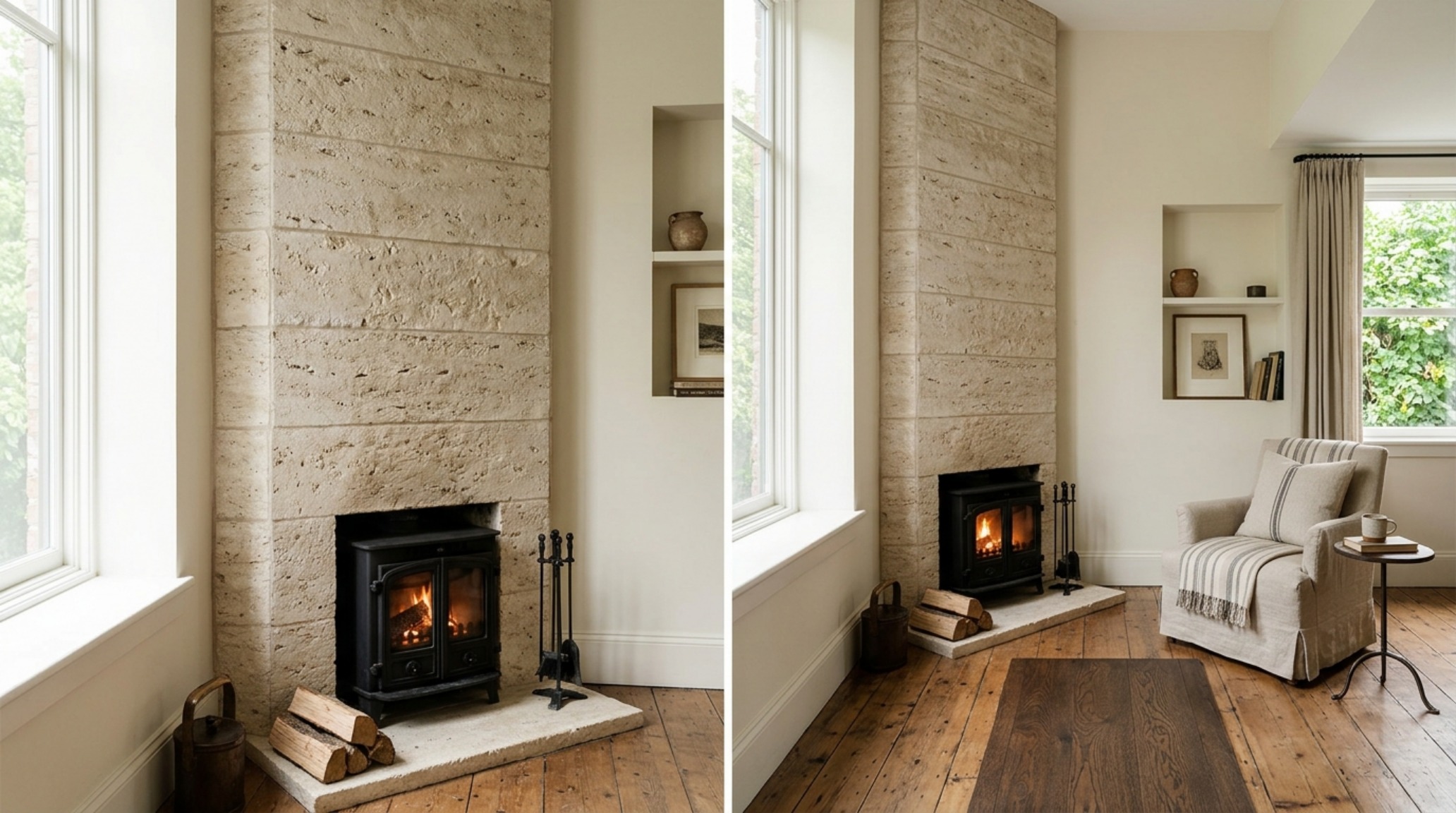Small space corner stone fireplace in a compact urban loft featuring a slender vertical profile and integrated log storage to maximize floor plan efficiency. Small space corner stone fireplace in a compact urban loft featuring a slender vertical profile and integrated log storage to maximize floor plan efficiency.