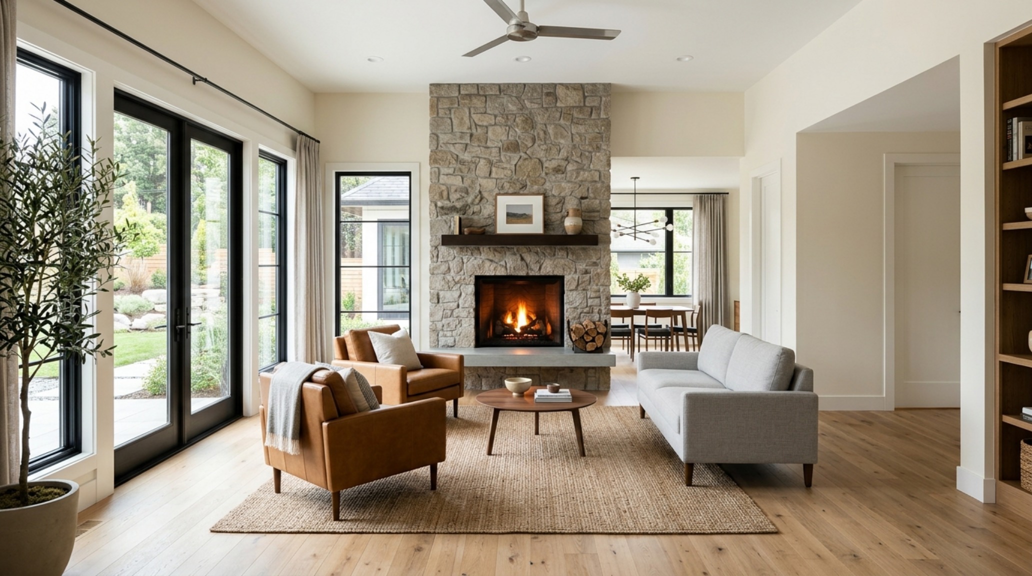 furniture arrangement around corner fireplace showcasing a circular oak coffee table and sculptural armchairs on a neutral wool rug furniture arrangement around corner fireplace showcasing a circular oak coffee table and sculptural armchairs on a neutral wool rug