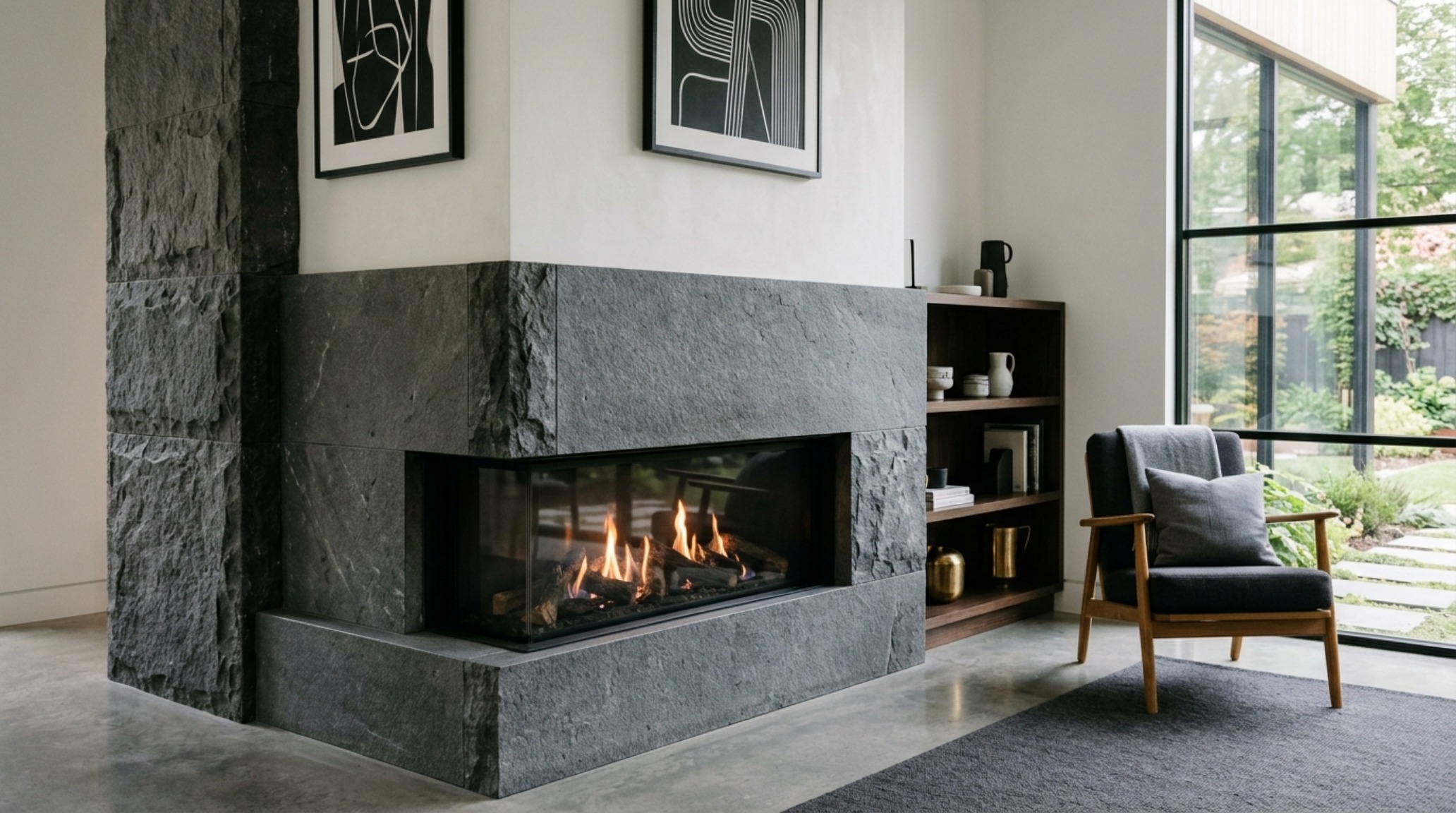 Modern corner stone fireplace ideas with a seamless wrap-around stone mantle and hot-rolled steel firebox surround in a contemporary living room. Modern corner stone fireplace ideas with a seamless wrap-around stone mantle and hot-rolled steel firebox surround in a contemporary living room.