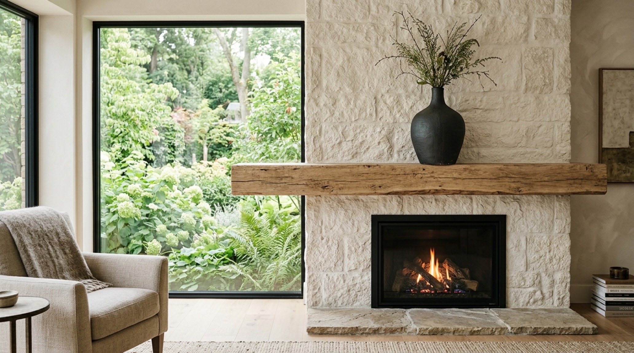 modern fireplace mantel styling with a single reclaimed timber beam and minimalist ceramic vessels against a limestone backdrop modern fireplace mantel styling with a single reclaimed timber beam and minimalist ceramic vessels against a limestone backdrop