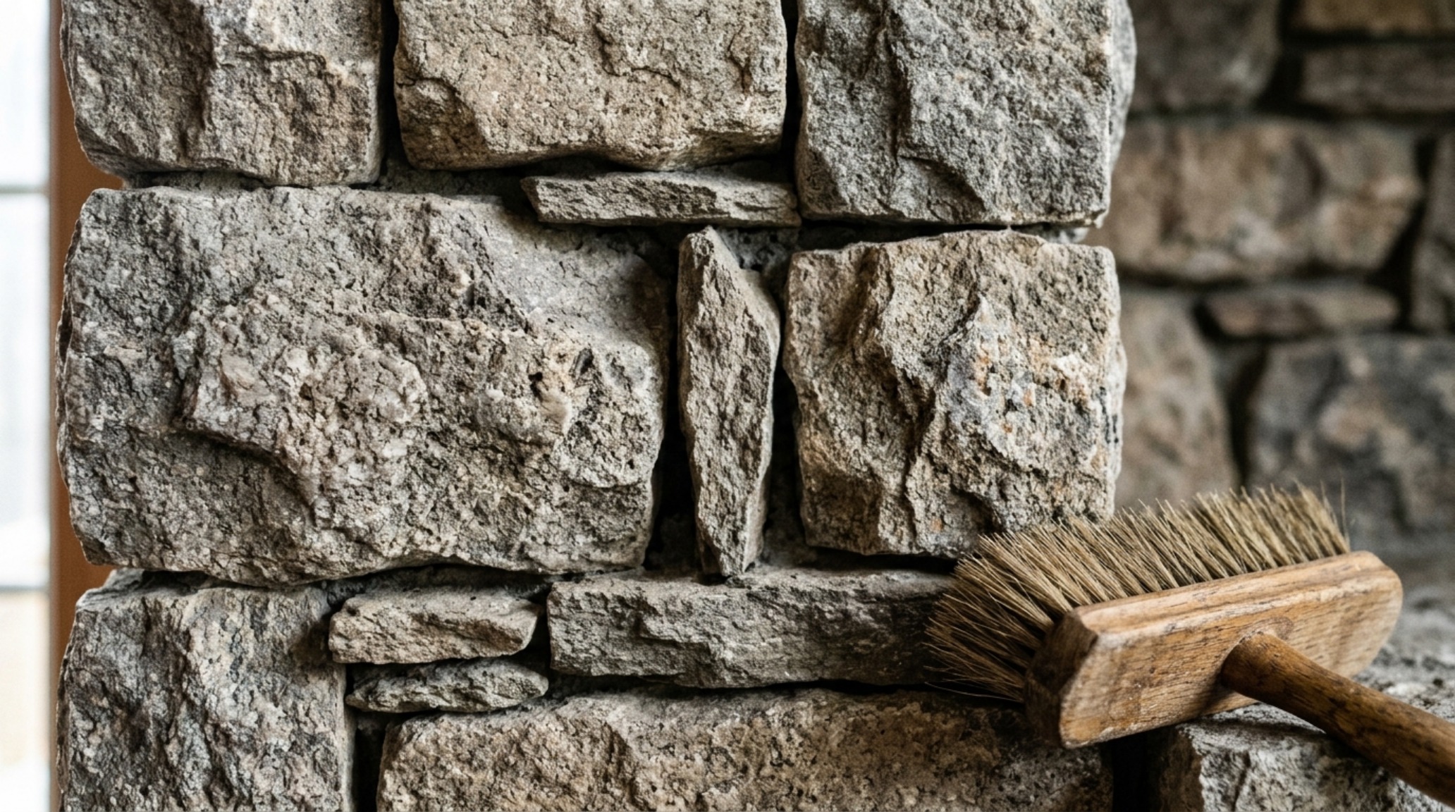 stone fireplace cleaning and maintenance detail showing the authentic porous texture of dry-stacked fieldstone after professional sealing stone fireplace cleaning and maintenance detail showing the authentic porous texture of dry-stacked fieldstone after professional sealing