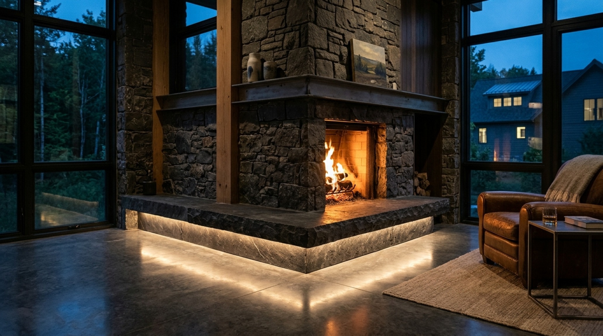 Corner stone fireplace lighting guide showcasing recessed LED floor uplighting to create a dramatic shadow play on a dark basalt stone chimney breast. Corner stone fireplace lighting guide showcasing recessed LED floor uplighting to create a dramatic shadow play on a dark basalt stone chimney breast.